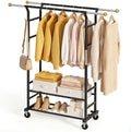 Clothes Rack with 3-Level Height Adjustment - Double Rod Extendable Hanging Rails with Wooden Finials, Luxury 2-Tier Metal Storage Shelves - Sturdy Wardrobe Rack for Closet, Bedroom or Laundry by HRUSGO