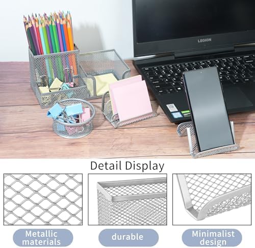 6 Pack Mesh Metal Desk Organizer Stationery Storage Set Silver - Image 3