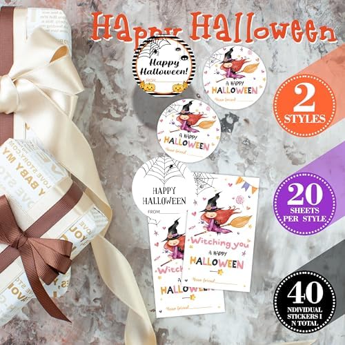 40 Pcs Halloween Theme Stickers - Cute Witch -20 Round & 20 Tag Shaped Self-Adhesive Labels for Party Gifts, Packaging Bags, Envelope Sealing - Party Supplies for Halloween Decoration -A04 - Image 3
