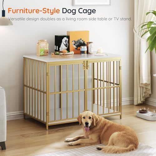 HOOBRO 38.6" Dog Crate Furniture, Wooden Dog Kennel Indoor, Heavy Duty Dog Cage for Small/Medium Dog, Decorative Side End Table, White and Gold DW100GW03 - Image 6
