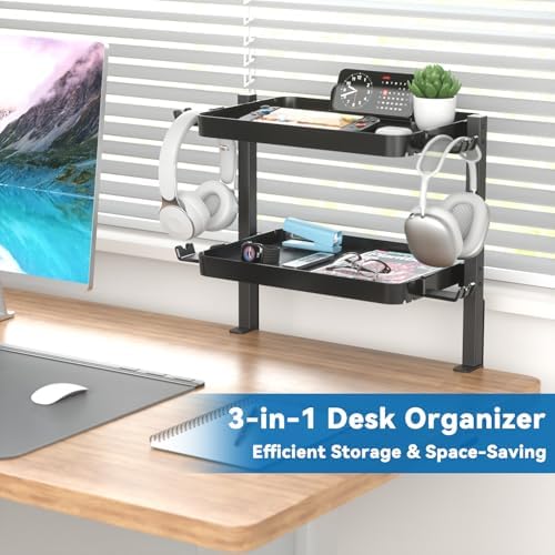 KDD Clamp On Desk Organizer - Adjustable 2-Tier Above or Under Desk Shelves with Large Capacity Tray, Phone & Tablet Holder, Headphone Hook - No Drilling Desktop Storage for Office & Home Accessories - Image 2