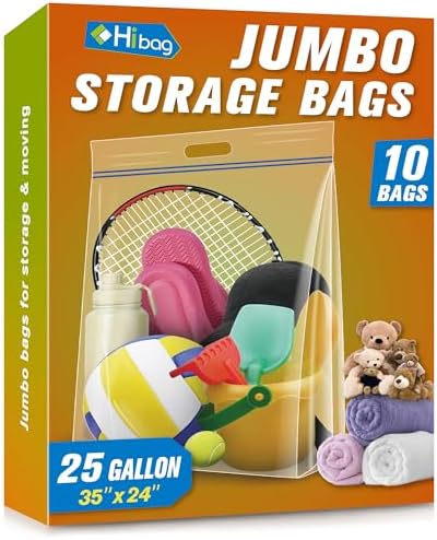 HIBAG 25 Gallon Jumbo Storage Bags, 35” x 24” Resealable Clear Bags with Handle, Extra Large XL Heavy Duty for Clothes Pillow Travel Moving, Pack of 10 by HIBAG