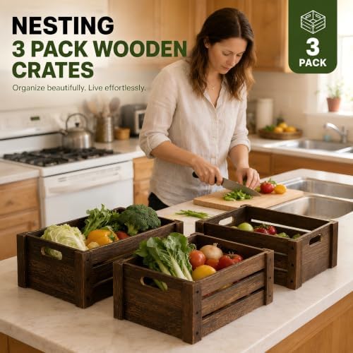 3 Pack Wooden Crates for Display Rustic Handmade Wood Crate for Storage - Image 6