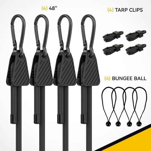 Rugtol Bungee Cords with Hooks, Upgrade 12pcs Assortment Heavy Duty Outdoor with 48'' Adjustable Bungee Cords Carabiner Black, 6'' Canopy Tarp Ball Ties and Tarp Clips for Tents, Cargo, Camping - Image 2