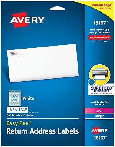 Avery® Printable Return Address Labels, Sure Feed® Technology, 0.5" x 1.75", White, 800 Blank Mailing Labels (18167) by Avery