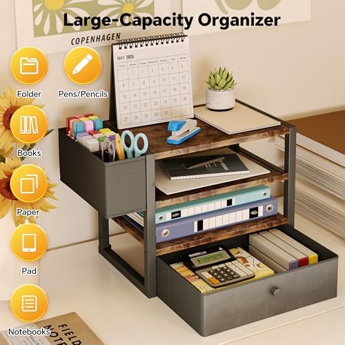 Desk Organizers and Accessories, 4-Tier Paper Letter Tray File Organizer with Fabric Drawer & 3 Pen Holder, Office Desk Accessories Workspace Desktop Organizer for Office Supplies, Rustic Brown - Image 3