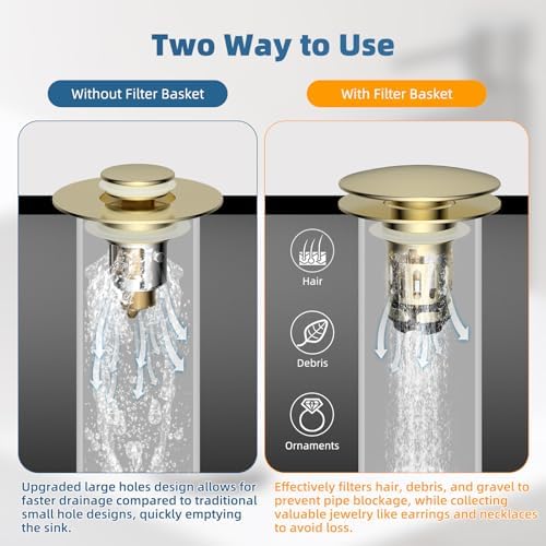 Hibbent Upgraded 3 in 1 Bathroom Sink Drain Strainer, Pop Up Sink Stopper with Big Push Cap, Anti-Clogging Metal Filter Basket,Sink Plug with Hair Catcher for 1.1''~2.36'' Basin, Brushed Gold - Image 3