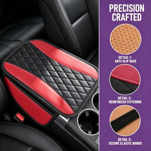 Center Console Cover, PU Leather Car Armrest Cushion with Side Storage Pockets, Universal Armrest Protector Organizer for SUV Truck Sedan (Red) - Image 4