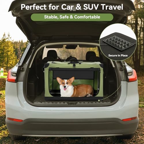 PETSFIT 26" Soft Portable Dog Crate – Patented Spiral Sturdy Frame, Collapsible Travel Kennel for Small Dogs, 3 Mesh Door, Lockable Zippers, Indoor & Car Use Green - Image 6