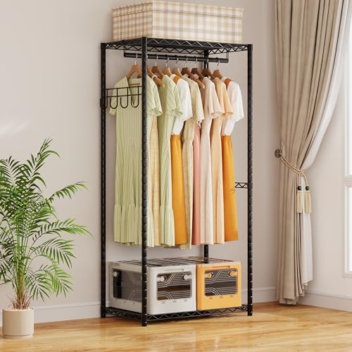 ecobedding Heavy Duty Garment Rack, 900LBS Max Load Freestanding Closet Organizer with 6 Storage Shelves & 3 Adjustable Hanging Rods, Multifunctional, Glossy Black, 15.75" D x 70-88.5" W x 76.5" H - Image 6