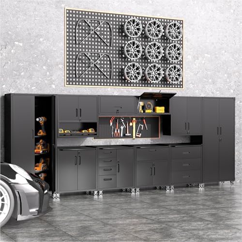 Garage Storage Cabinets System 5 PCS Workshop Set with Drawers Locking Heavy Duty Rolling Cart with Adjustable Shelves Garage Tool Workbench Cabinets (5 PCS-1, Black) - Image 2