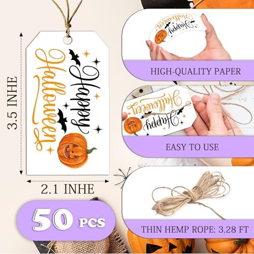 Halloween Paper Gift Tags with String-50Pcs, Happy Halloween Cute Pumpkin Tags for Goodie Bags, 2 x 3.5 Inch Waterproof Hanging Labels for Decoration Party Supplies, Gift Wrapping, DIY Crafts-B03 - Image 2