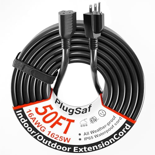 PlugSaf 16 Gauge 50 FT Black Outdoor Extension Cord Waterproof by PlugSaf