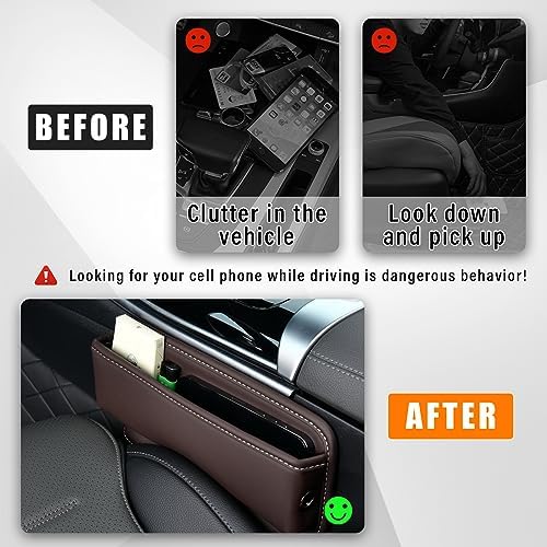 Ziciner Car Seat Gap Organizer, Premium Leather Auto Seat Storage Box, Vehicle Adjustable Front Seat Gap Filler, Car Seat Side Pocket Organizer for Phones, Glasses, Keys, Money, Cards (Coffee) - Image 4