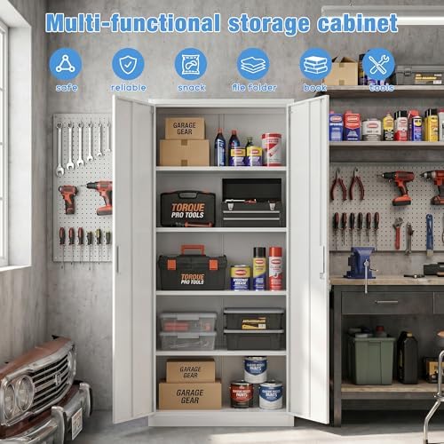 SUXXAN 71-Inch White Metal Storage Cabinet with Locking Doors - Image 4