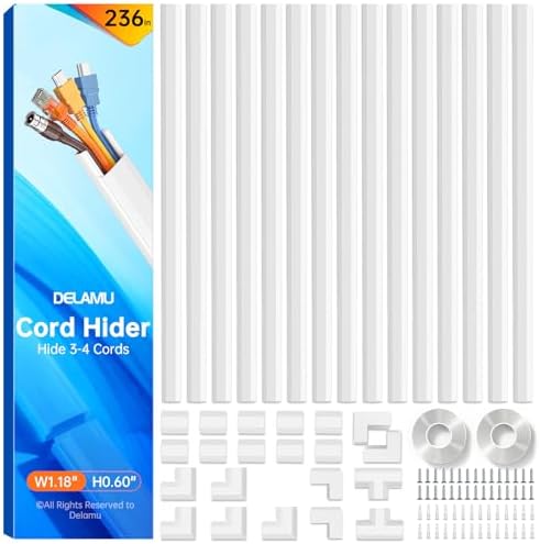 Delamu Cord Hider, 236in Cord Covers for 3-4 Wires on Wall, Cable Hider Wire Covers for Cords, Wire Hiders for TV on Wall, TV Cord Hider for Wall Mounted TV, 15x L15.7 W1.18 H0.6in, White by DELAMU