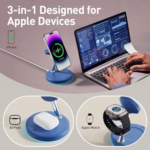 【Adjustable Blue Ambient Light】 Wireless Charger 3 in 1 for iPhone, Magnetic Charging Station for Apple Family,15W Fast MagSafe Charger Stand,for iPhone17-12-iWatch AirPods Series - Image 3