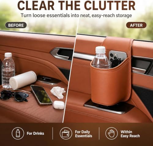 Leather Car Door Cup Holder - Large Clip-On Beverage Pocket Organizer - Image 2