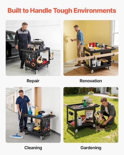 VEVOR Utility Cart with Tray & Pegboard, 44.8 x 24in 2 Tier Service Cart with 360° Swivel & Fixed Wheels (2 Brakes), 550 LBS Work Cart Tub Storage W/Deep Shelves, Tool Storage for Garage Warehouse - Image 5