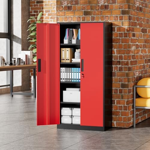 Greenvelly Metal Garage Storage Cabinet, 72" Black Red Tool Steel Locking Cabinet with Doors and 4 Shelves, Tall Cabinets for Garage Storage Systems Lockable File Cabinet for Home Office,Garage - Image 2