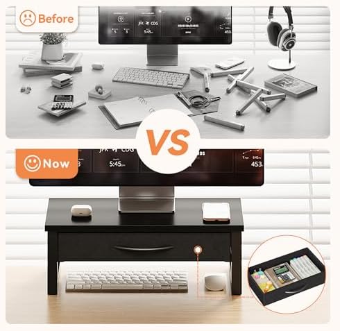 Computer Monitor Stand Riser, Desk Organizers and Accessories with Drawer, 2-Tier Laptop Stand for Desk, Office Organizer Storage, Wood - Image 3