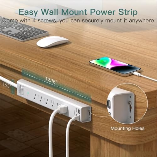 Addtam 5ft Power Strip Surge Protector, 6 Outlets and 4 USB Ports (2 USB C) - Image 4
