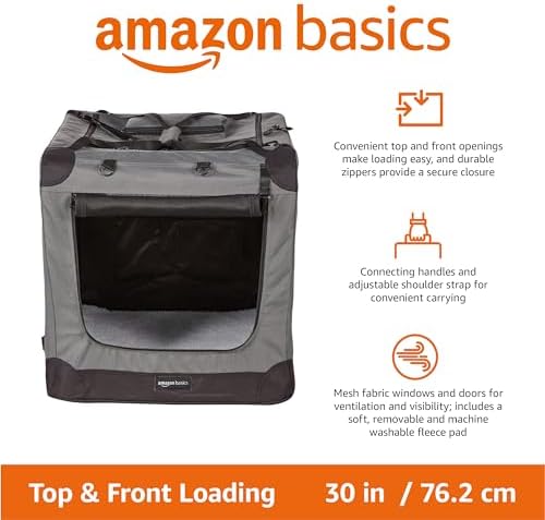 Amazon Basics Folding Portable Soft Pet Dog Crate Carrier Kennel with Fleece Pad, 30 x 21 x 21 inches, Grey - Image 2