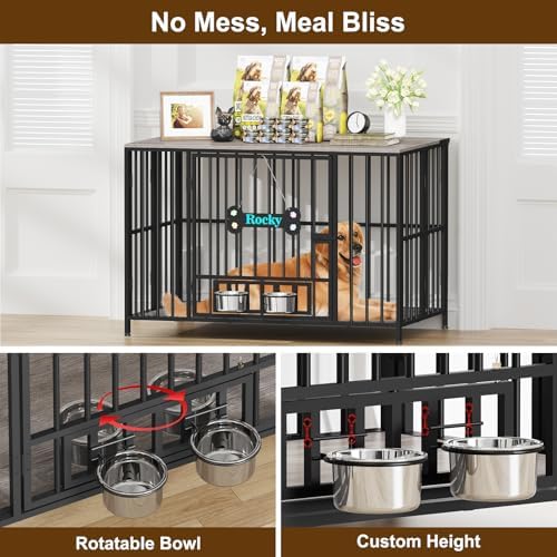Easycom 43" Dog Crate Furniture Foldable, No Assembly Decorative Dog Kennel Indoor, XL Dog Crates for Large Dogs (60-80 lbs), Wooden Dog Cage with Adjustable Bowls and Name Tag, Oak Grey - Image 4