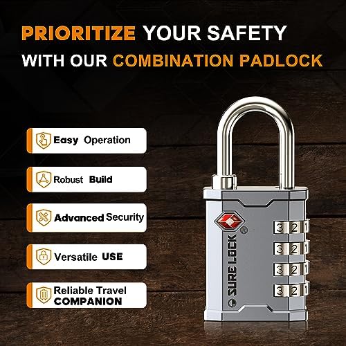 SURE LOCK TSA Accepted 4 Dig Heavy Duty Big Combination Luggage Padlock All Metal Travel Lock for Equipment Hard Case Luggage Gun Case Gym Locker Pelican Vault Lock (1, Silver) - Image 4