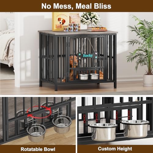 Easycom 31" Dog Crate Furniture Foldable, No Assembly Decorative Dog Kennel Indoor, Dog Crates for Medium Dogs(20-35 lb), Wooden Dog Cage with Adjustable Bowls and Name Tag, End Table, Oak Grey - Image 4