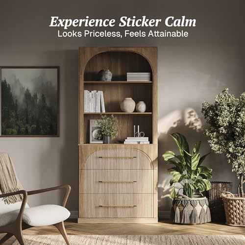 BELLEZE Display Storage Cabinet with Hutch, 72" Tall Wood Modern Bookshelf with 3 Drawers, Cabinet for Office, Study, Kitchen, Dining Living Room, Camel - Image 4
