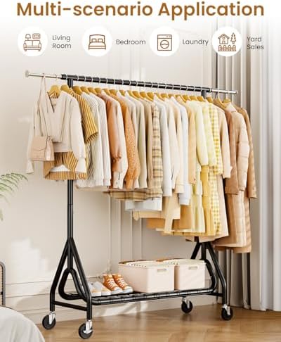 Heavy Duty Garment Rack, Metal Clothes Rack Load 450 LBS, Rolling Clothing Racks for Hanging Clothes with Lockable Wheels, Wardrobe Closet Coat Racks for Bedroom, Black - Image 2