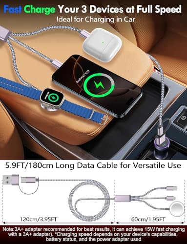 Travel Essentials for Apple Watch Charger,iPhone Charger,3 in 2 Type C/Lightning/Magnetic Travel Charging Cable,Portable Multi Charging Cable for Apple Watch, iPhone 17‑11,Samsung S26,Car,iPad-6FT - Image 6