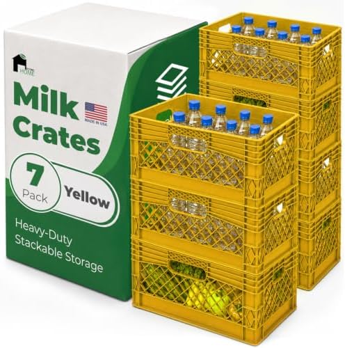 EconoHome Milk Crate - Stackable Storage Crate with Built-In Handles - Heavy Duty Plastic Material - Ventilated Organizer Bin for Garage, Pantry, Classroom, Office & Moving - Yellow, 19x13x11, 7-Pack by EconoHome