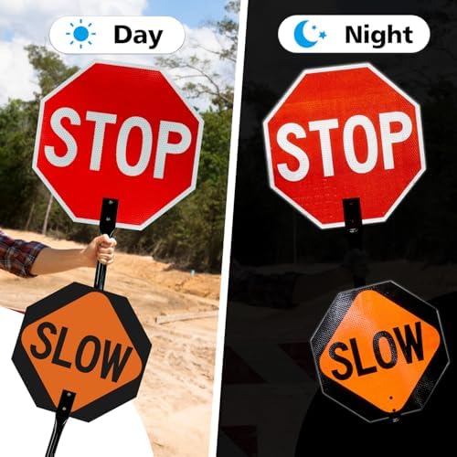 GicnKeuz 1 Pack Stop Slow Sign with Metal Handle, 18x18 inches Double Sided Slow/Stop sign, Traffic Reflective Aluminum Sign, Fade Resistant/Waterproof, Easy to Mount (Red & Orange) - Image 5