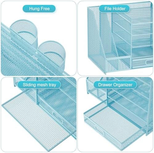 Marbrasse Desk Organizer with File Holder, 5-Tier Paper Letter Tray Organizer with Drawer and 2 Pen Holder, Mesh Desktop Organizer and Storage with Magazine Holder for Office Supplies(Blue) - Image 4