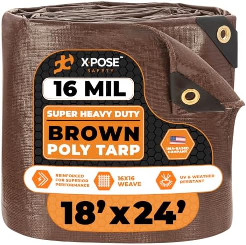 18' x 24' Super Heavy Duty 16 Mil Brown Poly Tarp Cover - Thick Waterproof, UV Resistant, Rip and Tear Proof Tarpaulin with Grommets and Reinforced Edges - by Xpose Safety by XposeSafety