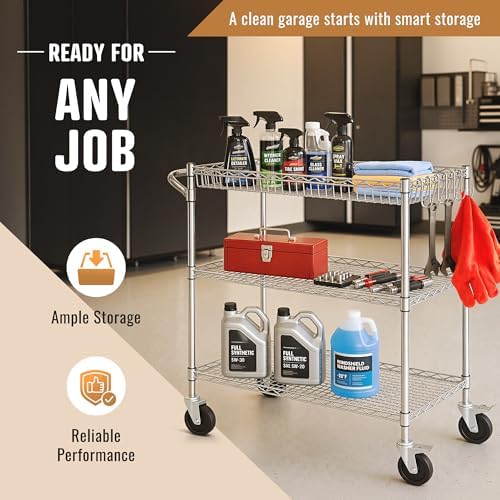 Our Modern Space 3 Tier Heavy Duty Wire Commercial Grade Rolling Cart with Wheels | Rolling Shelving Unit | Metal Utility Serving Cart with Shelves & Organizer Racks for Kitchen Bar Garage Office - Image 6