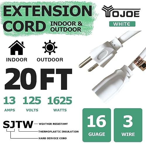 YOJOE Indoor Outdoor Extension Cord, 3 Prong 13A Weatherproof Power Cord, 16 Gauge Heavy Duty 20 ft White Extension Cord for Garage, Garden and Home, 16/3 SJTW UL Certified - Image 2