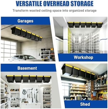 7 Pack Overhead Garage Storage Rack, Heavy Duty Ceiling Storage Rack for 6 Bins, Adjustable Metal Ceiling Bin Storage System T-Rail Tote Organizer with Hardware for Garage Workshop Shed - Image 7
