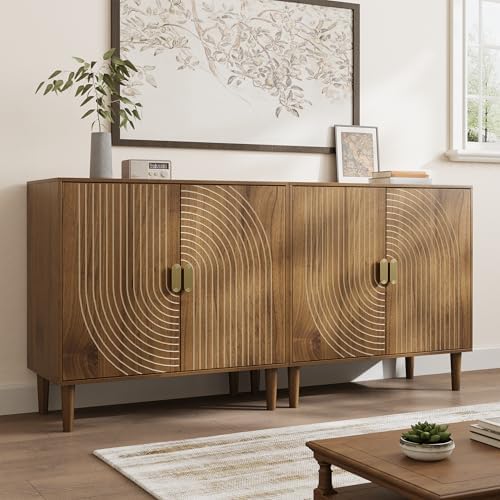 Smuxee Walnut Sideboard Cabinet, Freestanding Buffet Cabinet with Line Groove Design, Wood Storage Cabinet with Adjustable Shelf for Living Room, Entryway, Hallway - Image 3