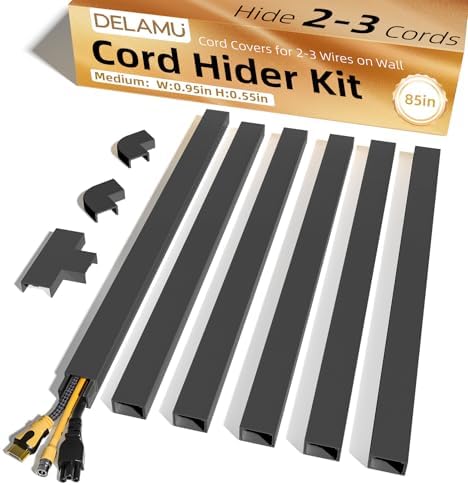 Delamu Black Cord Hider, 85in Cord Covers for 2-3 Wires on Wall, Self-Adhesive Cable Hider, Wire Hiders Wire Covers for TV Cords on Wall, Easy Mount Cable Cover Raceway Kit, W0.95 H0.55in, Black by DELAMU