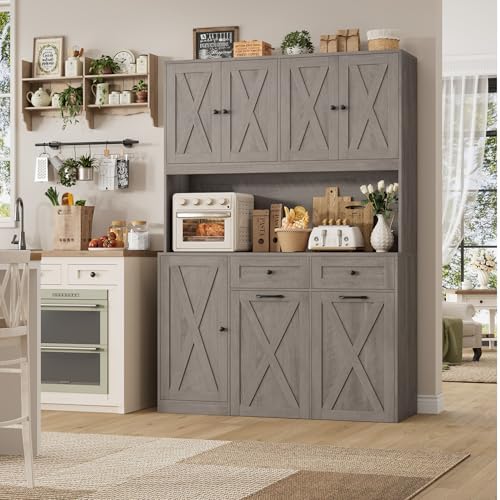 HOSTACK 71" Kitchen Pantry with 12.5 Gallon Double Trash Can Cabinet, Grey - Image 4