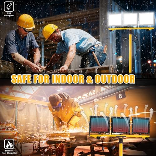 27000 Lumen LED Work Lights on Stand - 3 Head Portable Tripod Work Light- IP65 Waterproof Construction Lights with Stand for Outdoor Indoor Job Site Workshop Garage Commercial Flood Light with Stand - Image 3