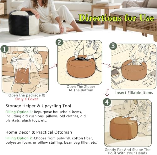 Thgonwid Unstuffed Faux Leather Pouf Cover, Handmade Footstool Ottoman Storage Solution, Floor Footrest Cushion - 16.5”Dx12”H, Black & White - Image 6
