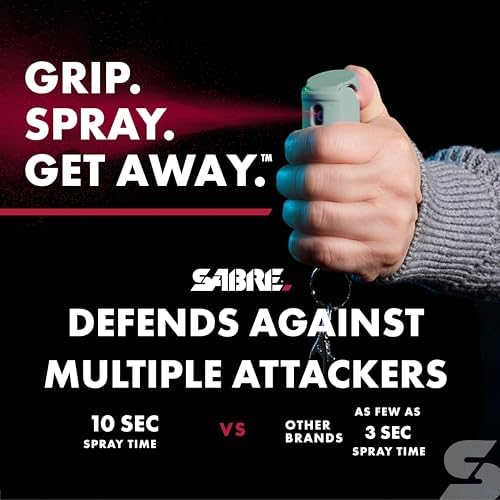 SABRE Pepper Spray with Fast Flip-Top Safety & Snap‑Clip Keychain for Self Defense - Maximum Police Strength OC with UV Marking Dye, 10‑Sec. Spray, 14-ft Range, Finger Grip, Made in USA, 0.54 fl oz - Image 3