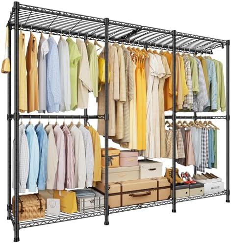 ULIFHOME E14 Pro Heavy Duty Clothes Rack，Freestanding Clothing Racks for Hanging Clothes，Adjustable Closet Organizers and Storage，Metal Garment Rack with Shelves 69"W x16"D x77"H，Max Load 960LBS，Black by UlifHome
