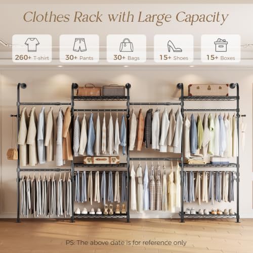 Closet Organizers Wall Mounted Closet System, 4-Row Heavy Duty Garment Clothes Rack, Industrial Pipe Clothing Rack with 4 Telescopic Rods, 2 Fixed Rods, 5 Hooks, 6 Shelves & 2 Pants Hangers for Rooms - Image 4