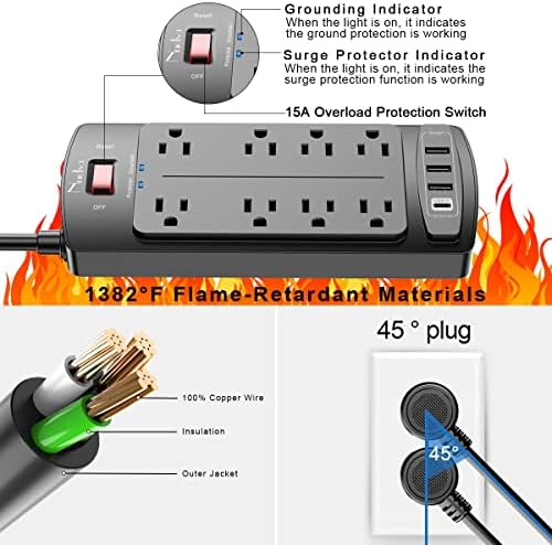 Surge Protector Power Strip - Nuetsa Flat Plug Extension Cord with 8 Outlets and 4 USB Ports, 6 Feet Power Cord, 2700 Joules, ETL Listed, Black - Image 6
