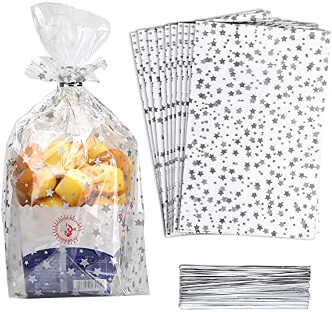 100 Pcs Star Printed 8"X 12" Gift Wrap Cello Cellophane Treat Bags Party Favor bags Clear Candy Cookie Bags Plastic Poly Goodie Storage Bags with Twist Ties for Bakery,Birthday, Wedding ,Party Decorations (Silver) by COQOFA